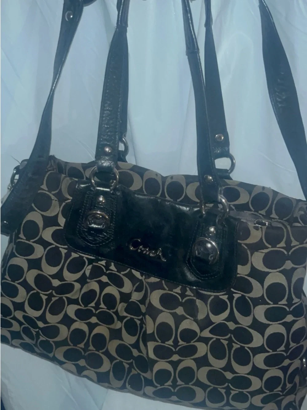 Coach Brown and Black Signature Canvas Shoulder Bag